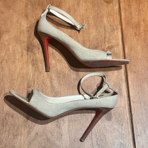 Beige Linen Peep-Toe High Heels with Ankle Strap - Sz 40 - Picture 5 of 8